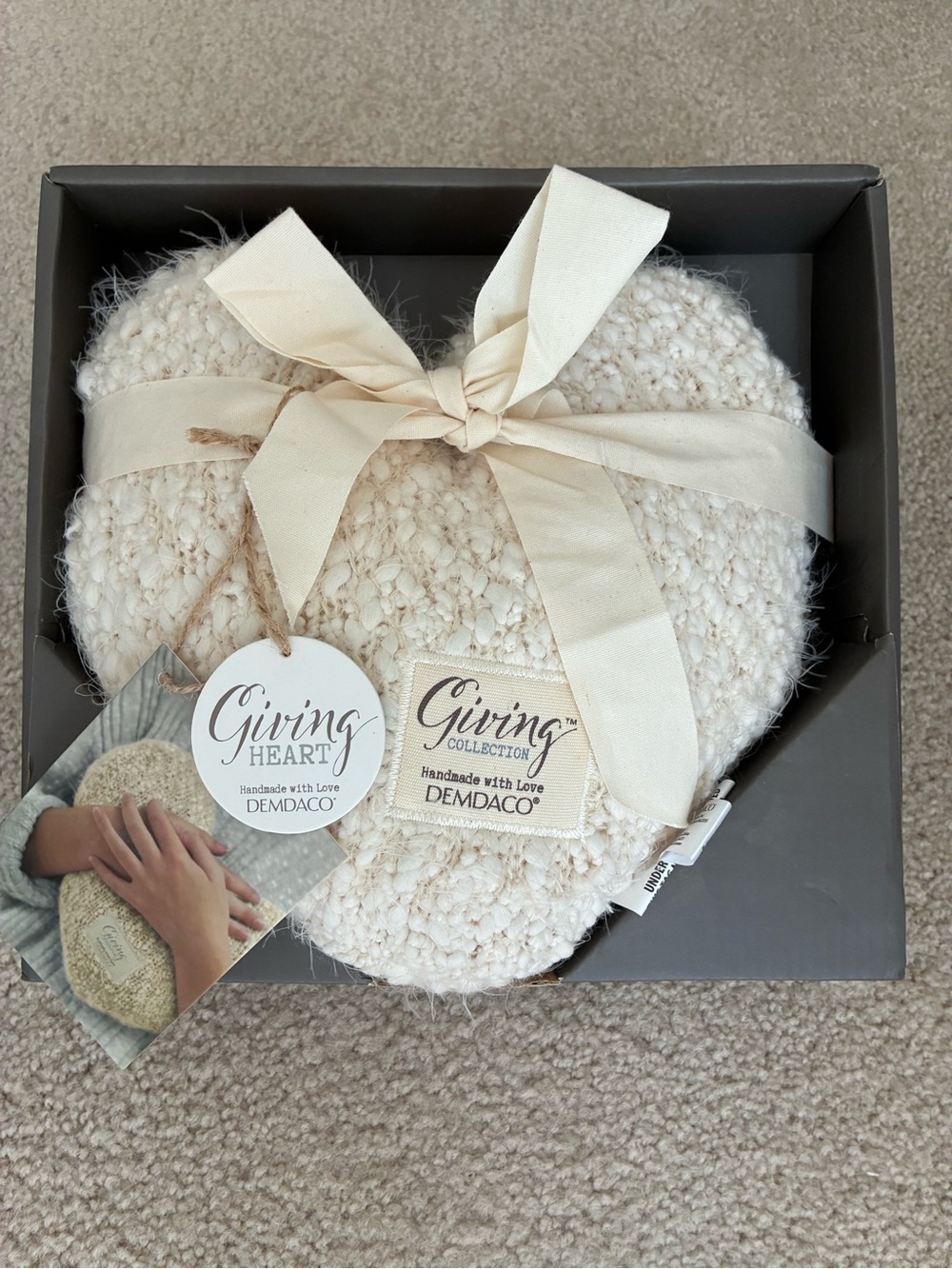 Demdaco Cream Knit Heart Pillow with Ribbon